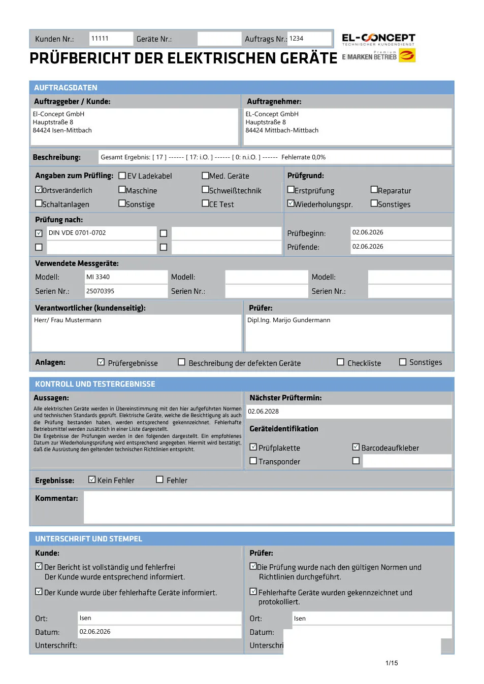 Muster eines DGUV V3 Prüfberichts von EL-Concept – erste Seite